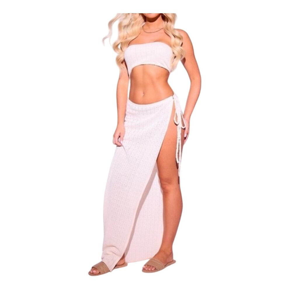 NWT PrettyLittleThing Cream Crochet Cut Out Maxi Dress Resort Vacation Size 12